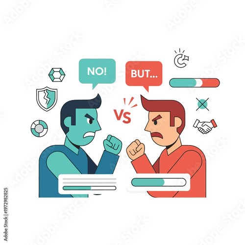 Cartoon Conflict: Two Men Arguing with Speech Bubbles and VS Symbol