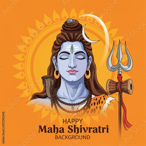 Vector illustration of Hindu God Lord Shiva with closed eyes, featuring a trishula trident, damru drum, crescent moon, and cobra snake on an orange background for Maha Shivratri festival.