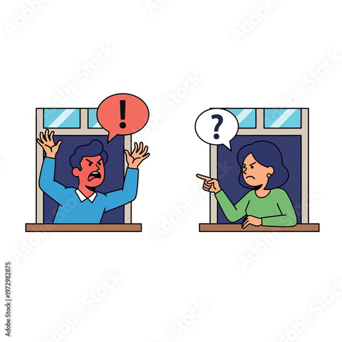 Angry neighbors arguing through windows, conflict and misunderstanding concept