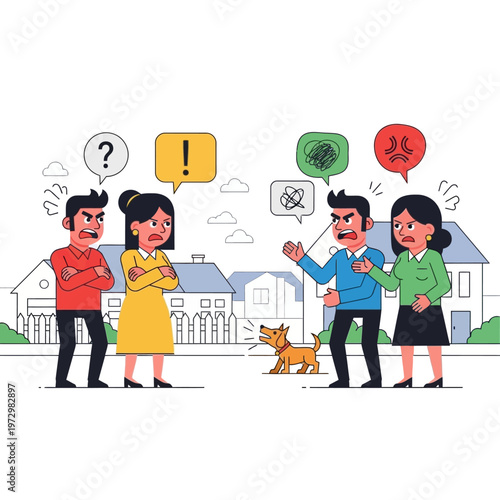 Angry Neighbors Arguing Over Dog Barking Outside Houses