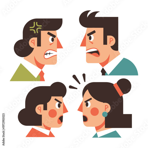 Conflict and disagreement illustration: people arguing, angry faces, business conflict, communication breakdown