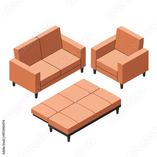 Isometric view of a modern living room furniture set featuring a two-seater sofa, single armchair, and a large rectangular padded ottoman bench in terracotta orange on white background.