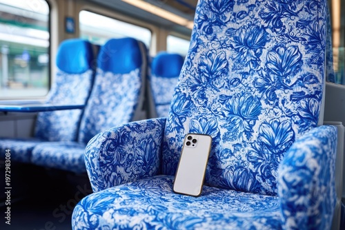 Smartphone resting on a patterned seat inside a modern train carriage.