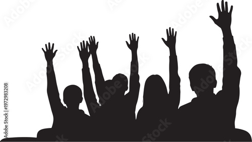 Black silhouettes of people raising hands raised white background
