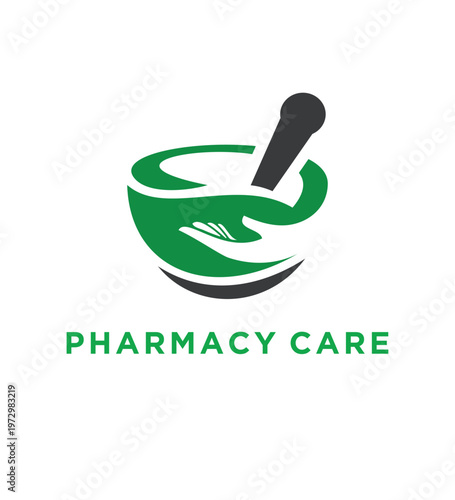 Pharmacy Care Logo Green Mortar and Pestle with Hand Symbol.