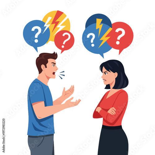 Couple Arguing with Question Marks and Lightning Bolts in Speech Bubbles
