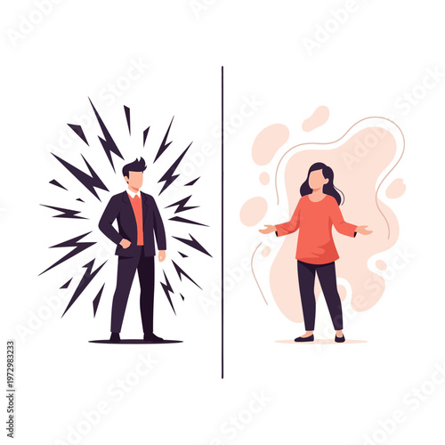 Business Man Exploding With Energy vs Woman Calmly Gesturing, Contrast Concept