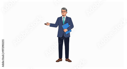 A professional man in a blue suit and glasses gestures with his right hand while holding a blue notebook under his left arm on white background.