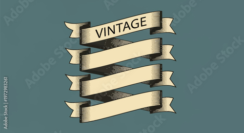 Vintage woodcut engraving style ribbon banner set with four tiers and forked ends, featuring black etched shading on a cream background with the word vintage on the top fold.