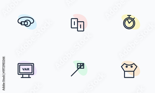 Hand-drawn minimalist monoline icons of sports officiating gear showing whistle cards stopwatch monitor linesman flag shirt authentic illustration