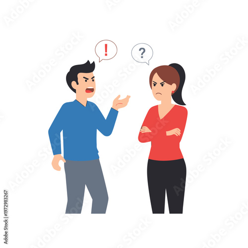 Couple arguing with speech bubbles showing exclamation and question marks