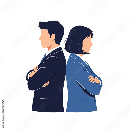 Business partners, man and woman, back to back, arms crossed, disagreement, conflict