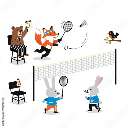 Cute Animals Playing Badminton Game - Fox, Rabbits, Bear, Bird - Whimsical Illustration