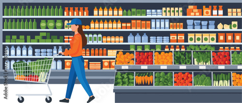 Young woman pushing shopping cart through supermarket aisle with grocery shelves and fresh produce organic vegetables and fruit vector illustration