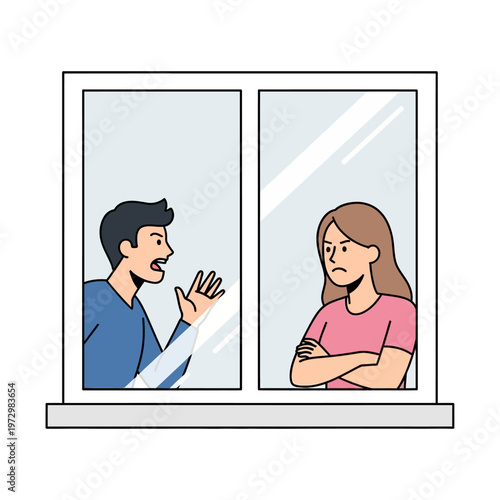 Couple arguing through window, relationship conflict, man and woman disagreement, indoors