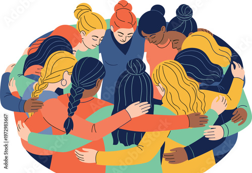 Diverse group of women hugging in a circle representing female empowerment sisterhood community support and multiethnic unity vector illustration