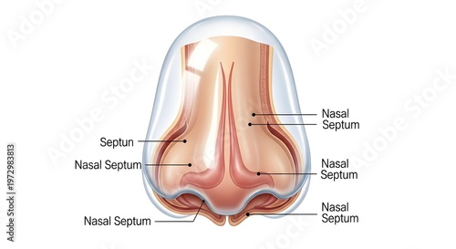 Inferior anatomical view of the human nose focusing on the nasal septum, showing midline cartilaginous wall separating the two nostrils and outlining septal support, symmetry, airflow channels and pot