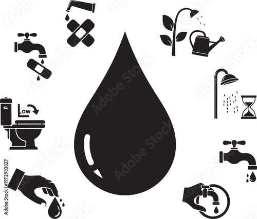 Black water drop surrounded by various water usage and conservation symbols