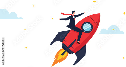 Businessman riding a rocket ship flying through the sky representing rapid business growth startup success and career ambition vector illustration