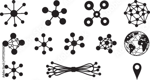 Network connections and global communication symbols in black and white
