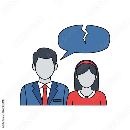 Couple with broken speech bubble icon, relationship conflict, communication breakdown