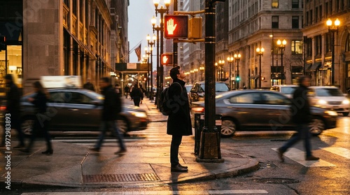 Person Waiting at Street Corner with Blurred Traffic and City Lights at Night
