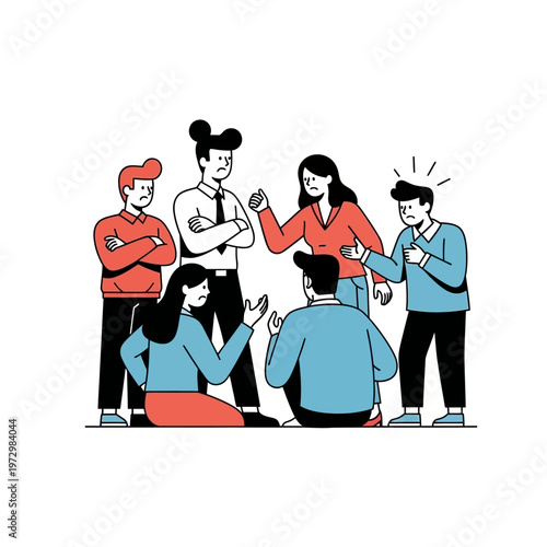 Diverse group of people arguing and disagreeing in a meeting, conflict concept