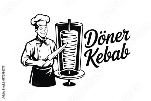 Black and white of chef preparing döner kebab with vertical spit meat