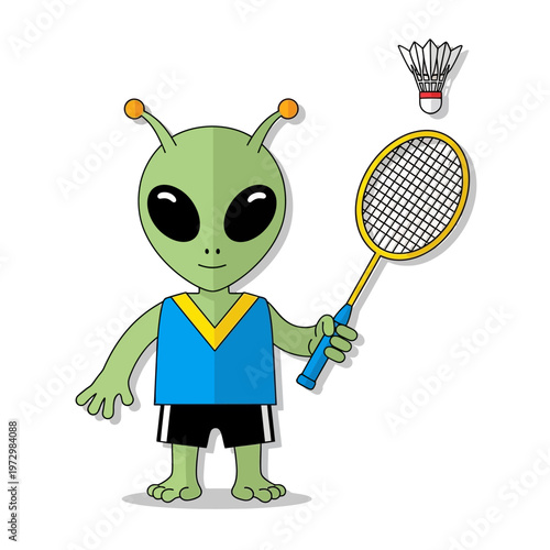 Green Alien Playing Badminton with Racket and Shuttlecock Cartoon