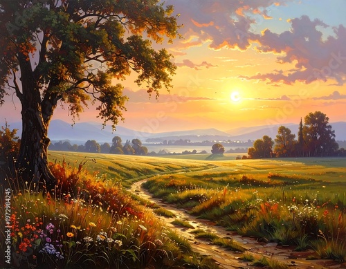 A serene landscape of a winding path through a vibrant field at sunset
