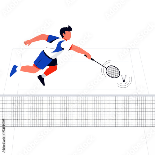 Man playing badminton, jumping to hit shuttlecock over net, dynamic action shot