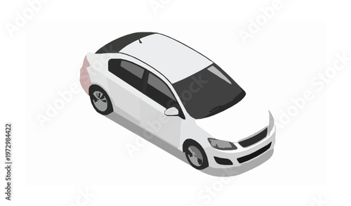 Top view isometric white compact car realistic vector isolated on white background