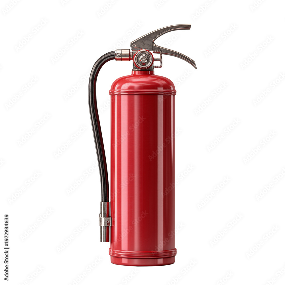 Obraz premium Red fire extinguisher with black hose and handle isolated on transparent background