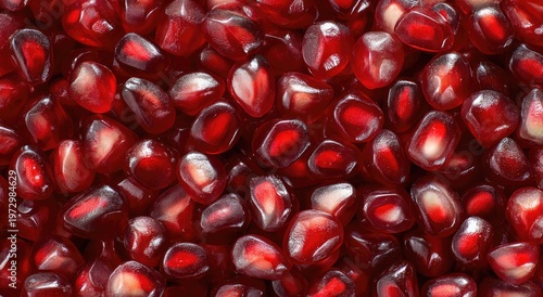 Close-up Macro View of Vibrant Red Pomegranate Seeds Texture.
