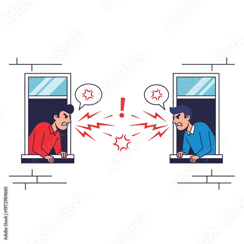 Neighbors arguing through windows, conflict and disagreement illustration