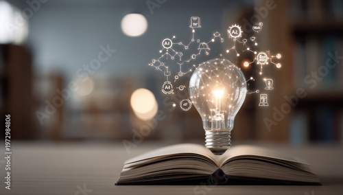 Illuminated Light Bulb Emerging from Open Book Symbolizing Knowledge and Innovation.