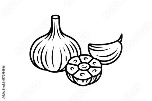 Black and white of garlic bulb and cloves food