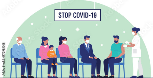 People in face masks waiting for vaccination in clinic to stop covid-19 virus outbreak vector illustration of healthcare