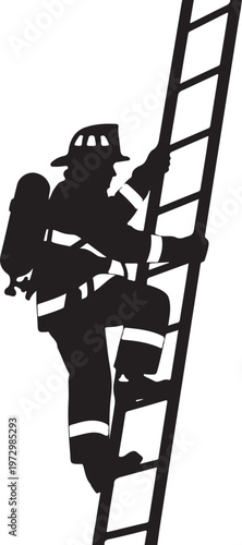 Firefighter climbing ladder with oxygen tank silhouette
