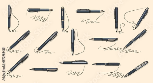 Collection of dark blue ballpoint pens shown in various orientations on a light background with hand-drawn ink strokes, wavy lines, and scribbles representing writing and drawing.