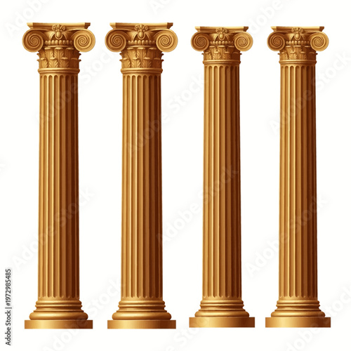 Set of four antique gold ionic columns featuring fluted shafts and decorative capitals with volutes and ornate carvings, isolated on a white background for architectural design.