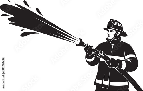 Firefighter spraying water from hose fireman
