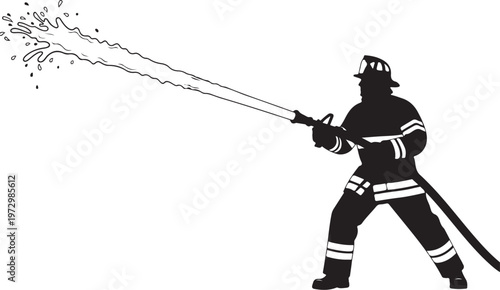 Firefighter in silhouette spraying water from hose