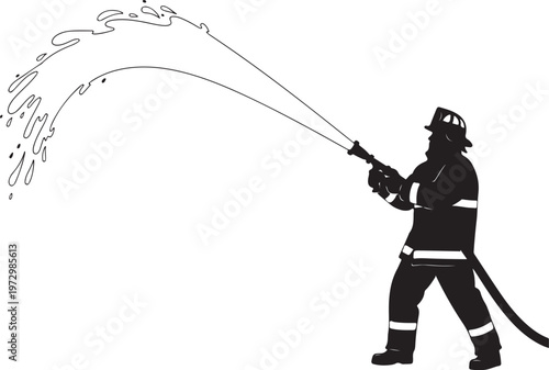 Firefighter spraying water from hose fireman silhouette