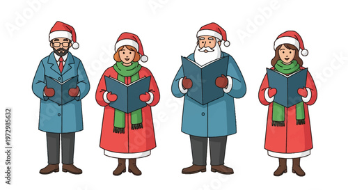 Illustration of a diverse group of four Christmas carolers wearing Santa hats, winter coats, and scarves, holding open blue songbooks and singing, isolated on a white background.