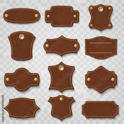 Collection of twelve brown leather labels and tags in various geometric shapes featuring realistic grain texture, perimeter yellow stitching, and gold metal rivets on transparent background.
