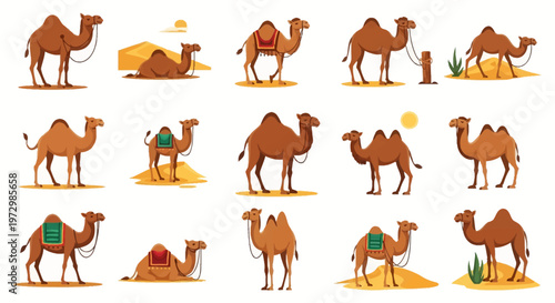 Collection of fifteen cartoon camel illustrations featuring dromedary and bactrian species in various poses like standing, sitting, and walking with saddles, desert dunes, sun, and desert flora.