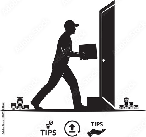 Man carrying box walking through doorway with coins and tips