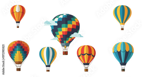 Set of seven stylized hot air balloon vector illustrations featuring diverse patterns like stripes, checkers, and scallops, isolated on white background with baskets.