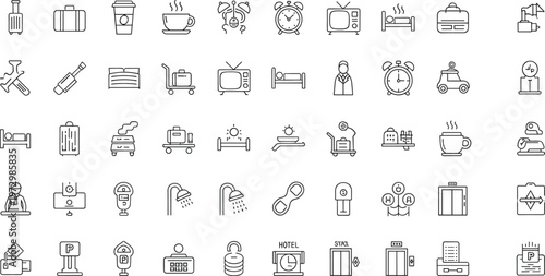 Collection of Black and White Line Icons Depicting Hotel, Travel, and Hospitality Elements, Including Bed, Coffee, Alarm Clock, and Luggage Symbols